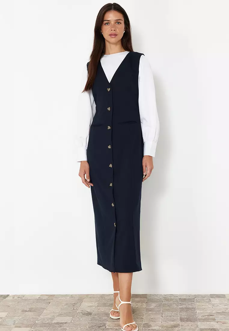 Navy Blue Woven Fabric Gilet Dress Tctss24Eb00202