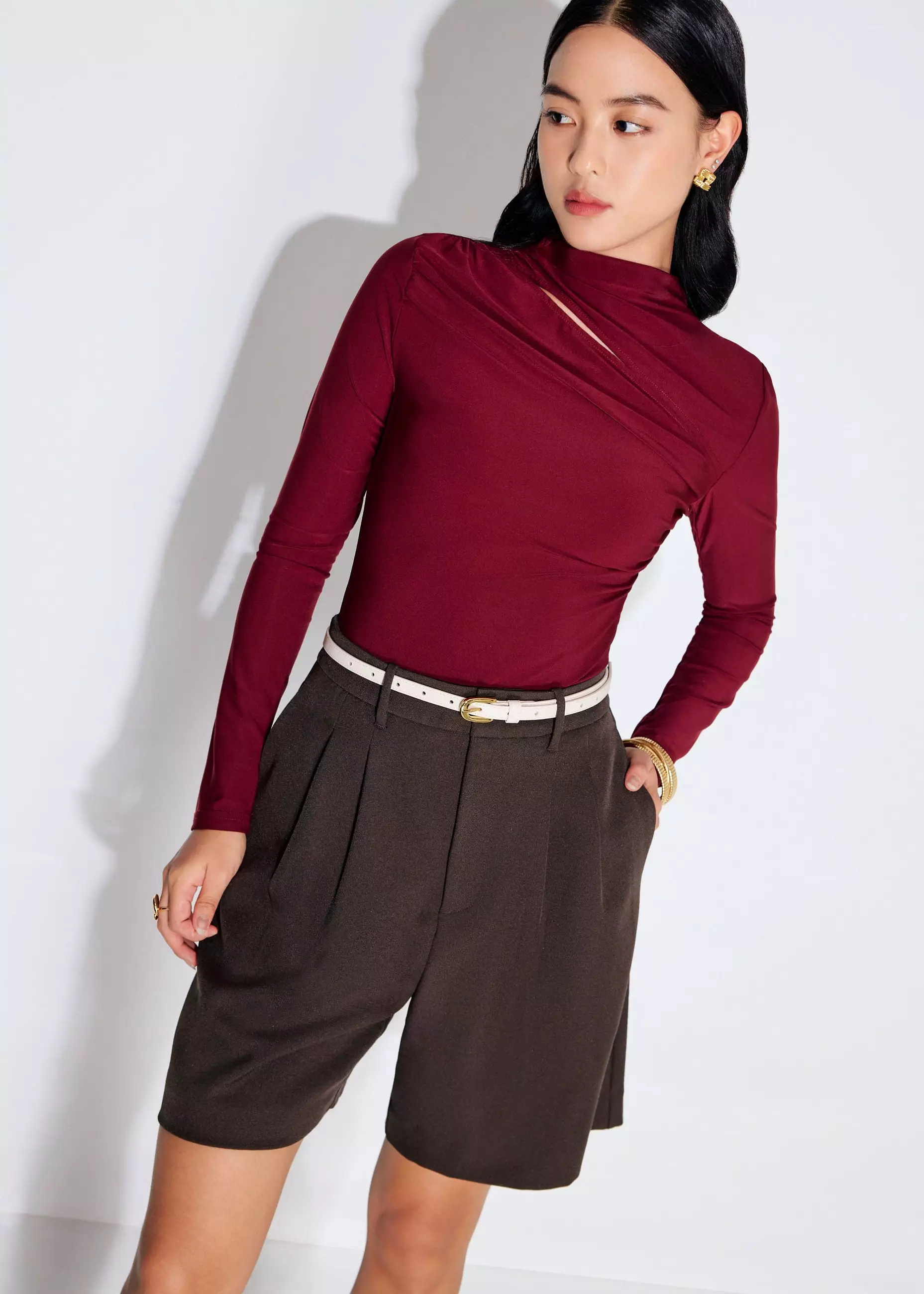 Atasan Wanita - Jersey Asymmetric Cut Out Mock Neck Top