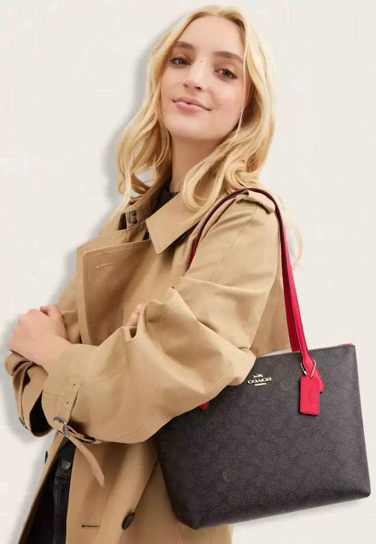 Coach Fiona Zip Tote Bag In Signature Canvas Walnut Bold Red