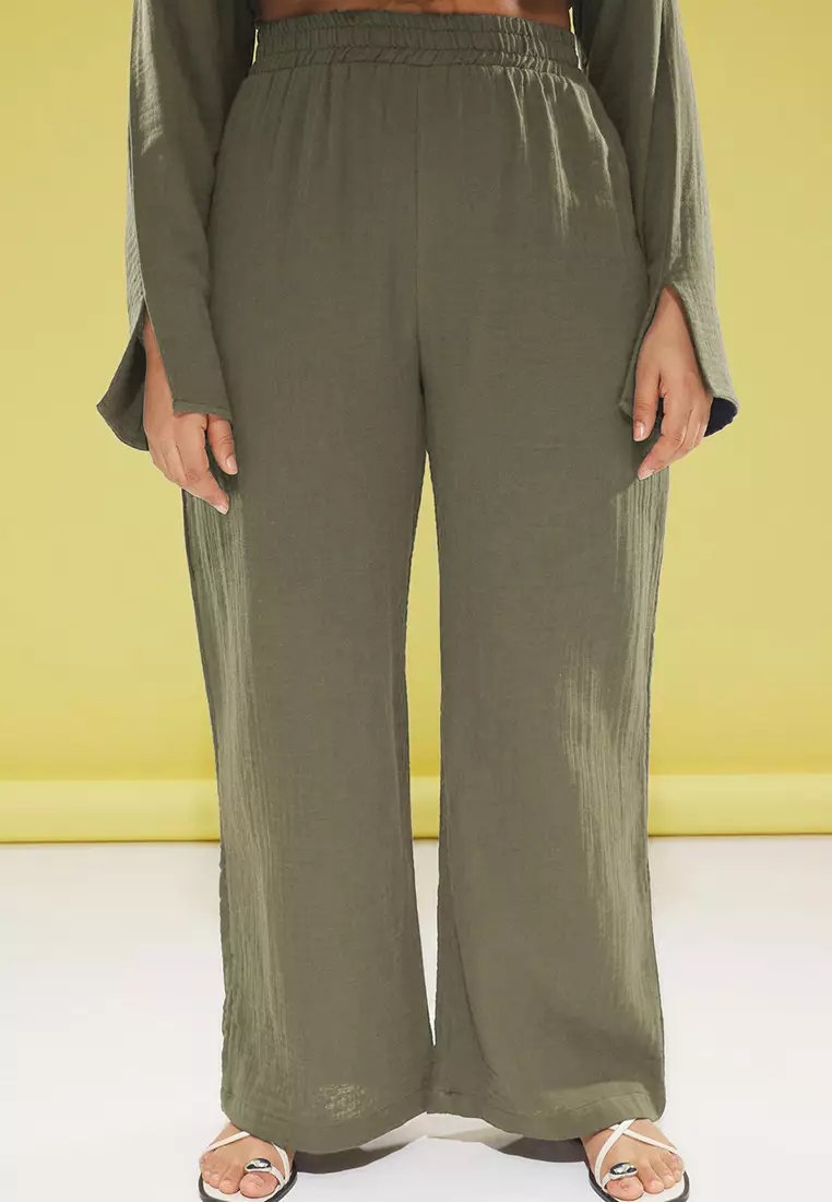 Khaki Bowknot Muslin 100% Cotton Woven Plus Size Top-Bottom Set Tbbss25Cp00009