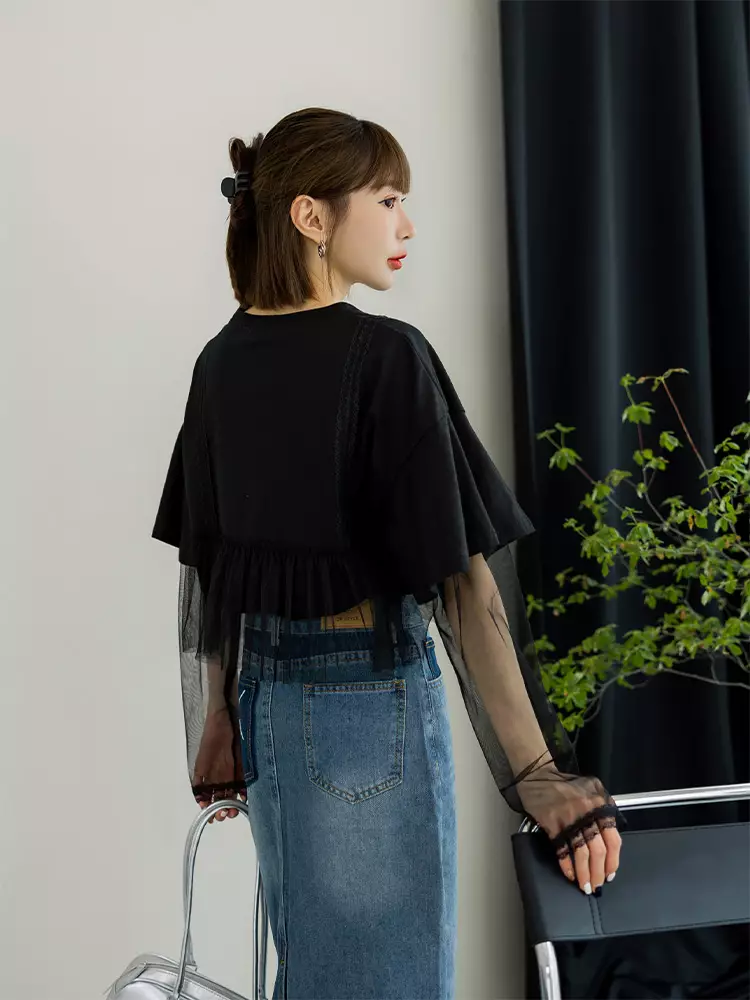 Faux Two-Piece Mesh Layer Urban Letter Print T-Shirt [AB19696]