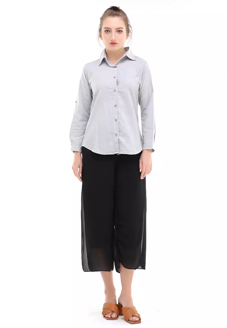 Jeanly Kemeja Lengan Panjang Motif Solid Atasan Wanita Regular Fit - Khaki