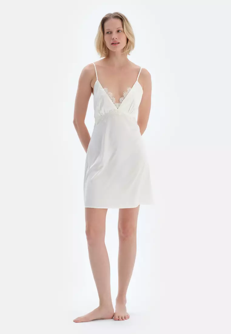 Off White Nightie, V-Neck, Regular, Strappy Sleepwear for Women