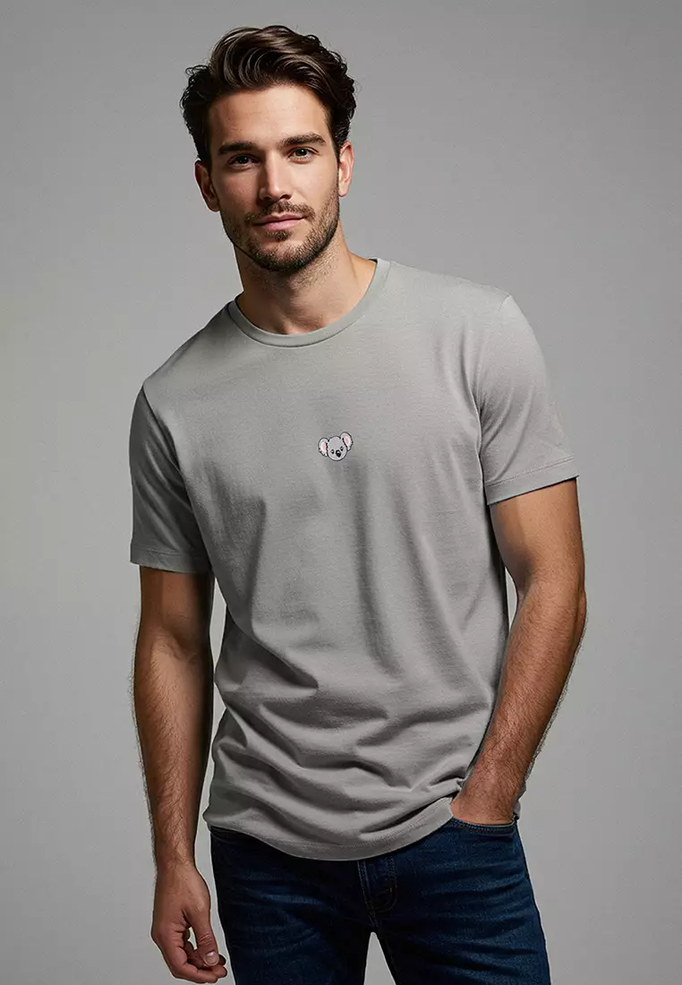 Gray Oversize Koala Embroidered 100% Cotton T-Shirt Tmnss23Ts00243