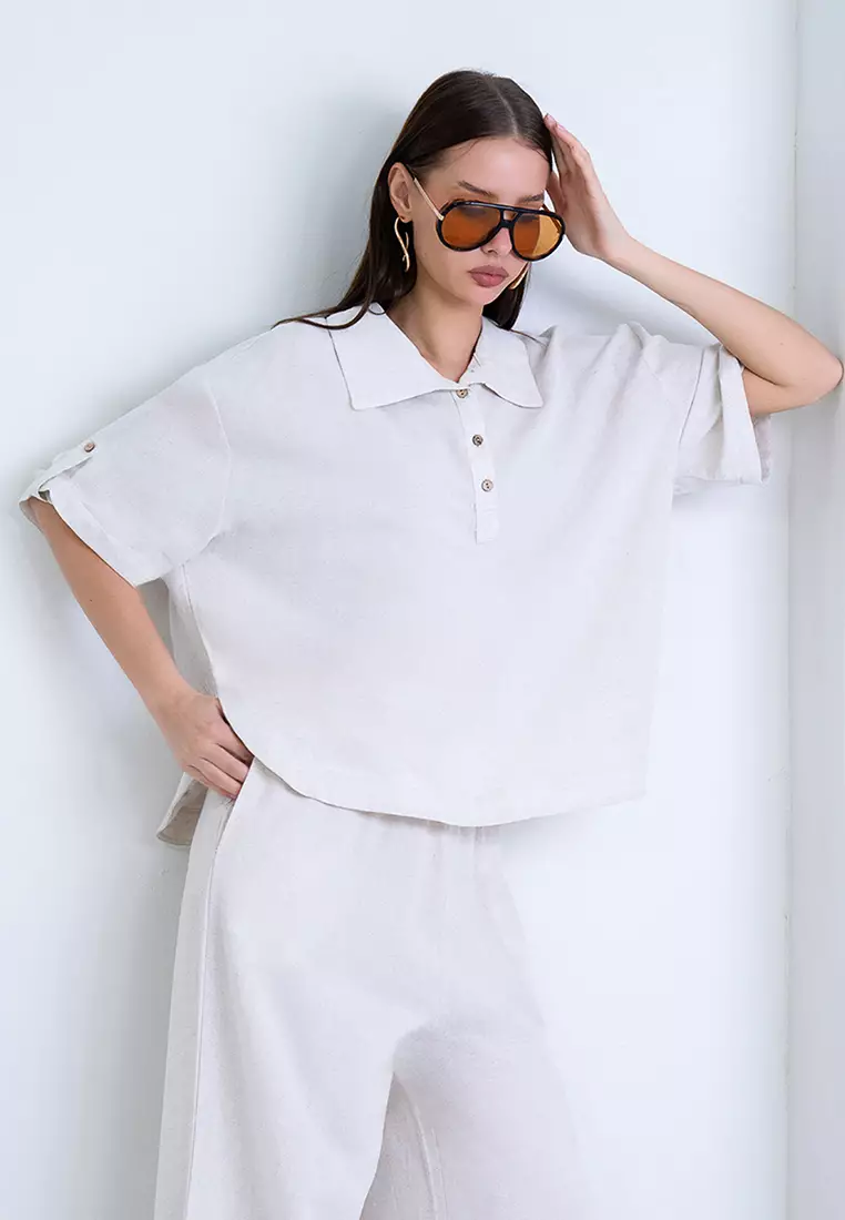 Polo Collar Wide Cut Linen Blouse with Folded Cuffs