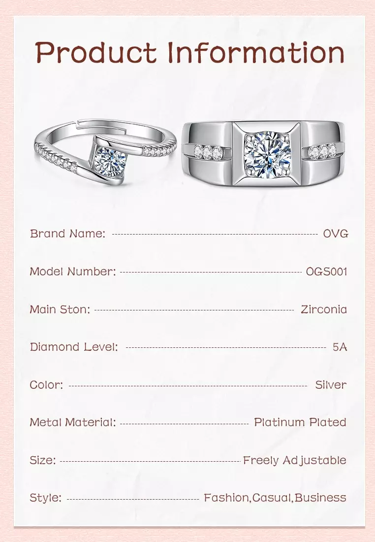 Cincin Couple Perak Kawin Couple Nikah Hadiah Pernikahan Adjustable Tunangan Cincin Titanium Berlian Kotak Hadiah