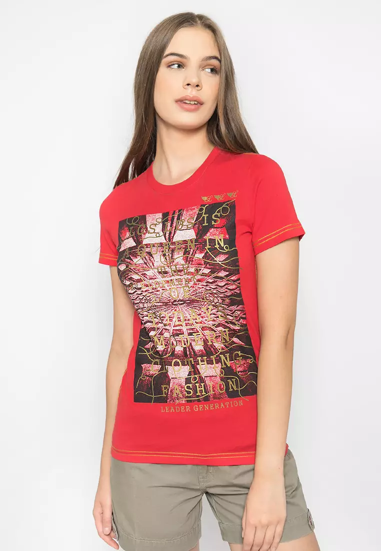 LGS - Kaos Casual Wanita - Lengan Pendek - Warna Merah - Gambar Sablon Depan