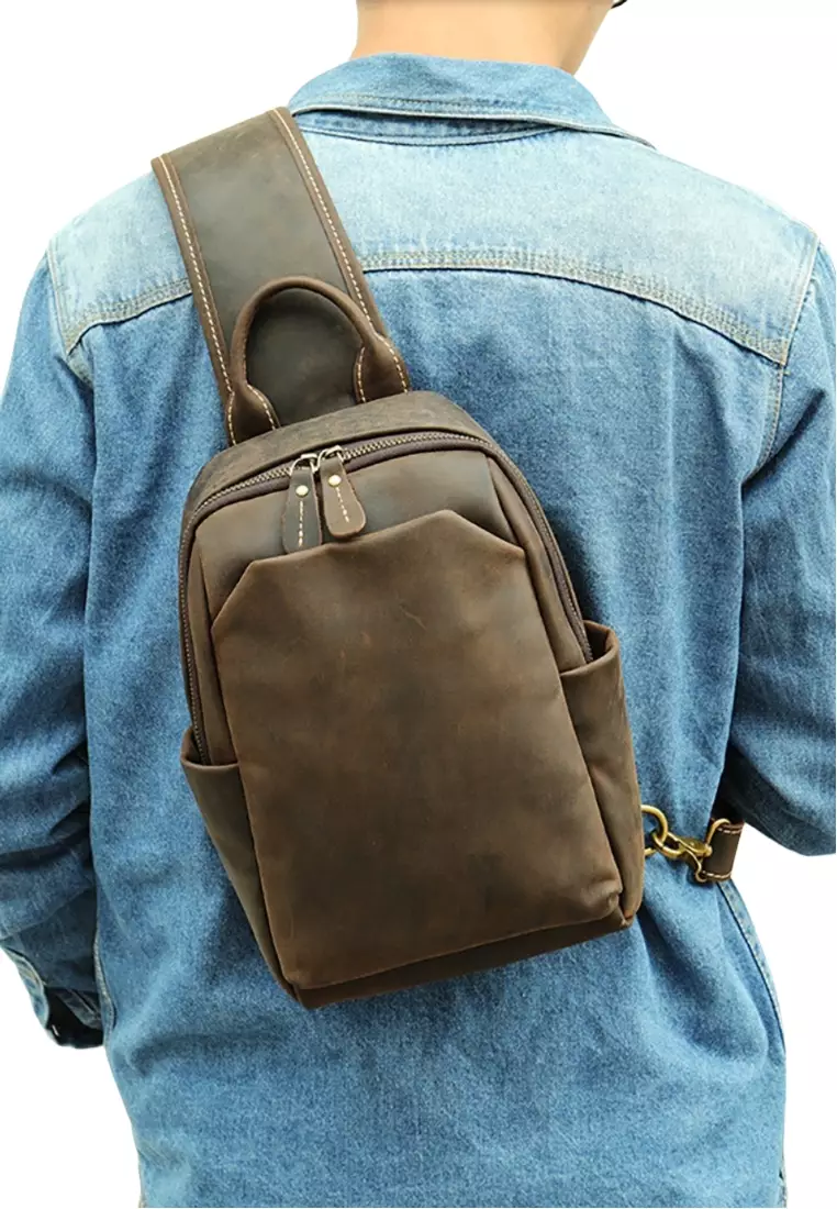 Men's Crazy Horse Cow Leather Zipper Belt Bags Chest Bags