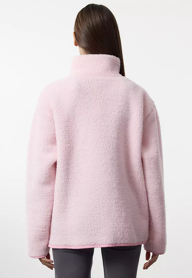 Winter Essentials Light Pink Thick Fleece Zipper Stand Collar Pocket Knitted Sweatshirt Twoaw24Sw00071