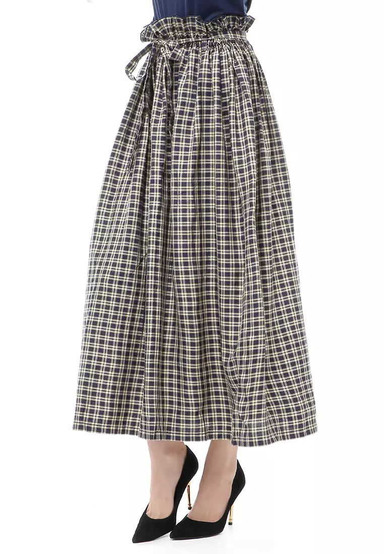 Amel Long Skirt Bawahan Wanita Motif Kotak-Kotak Regular Fit - D Blue