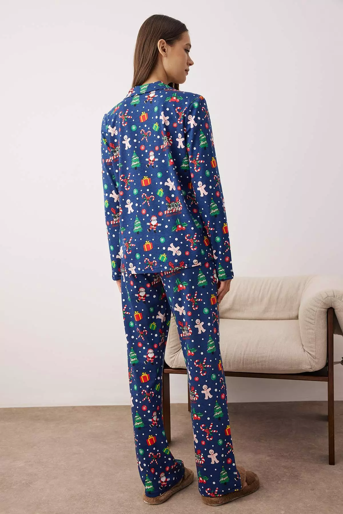 Navy Blue 100% Cotton Christmas Themed Knitted Pajama Set