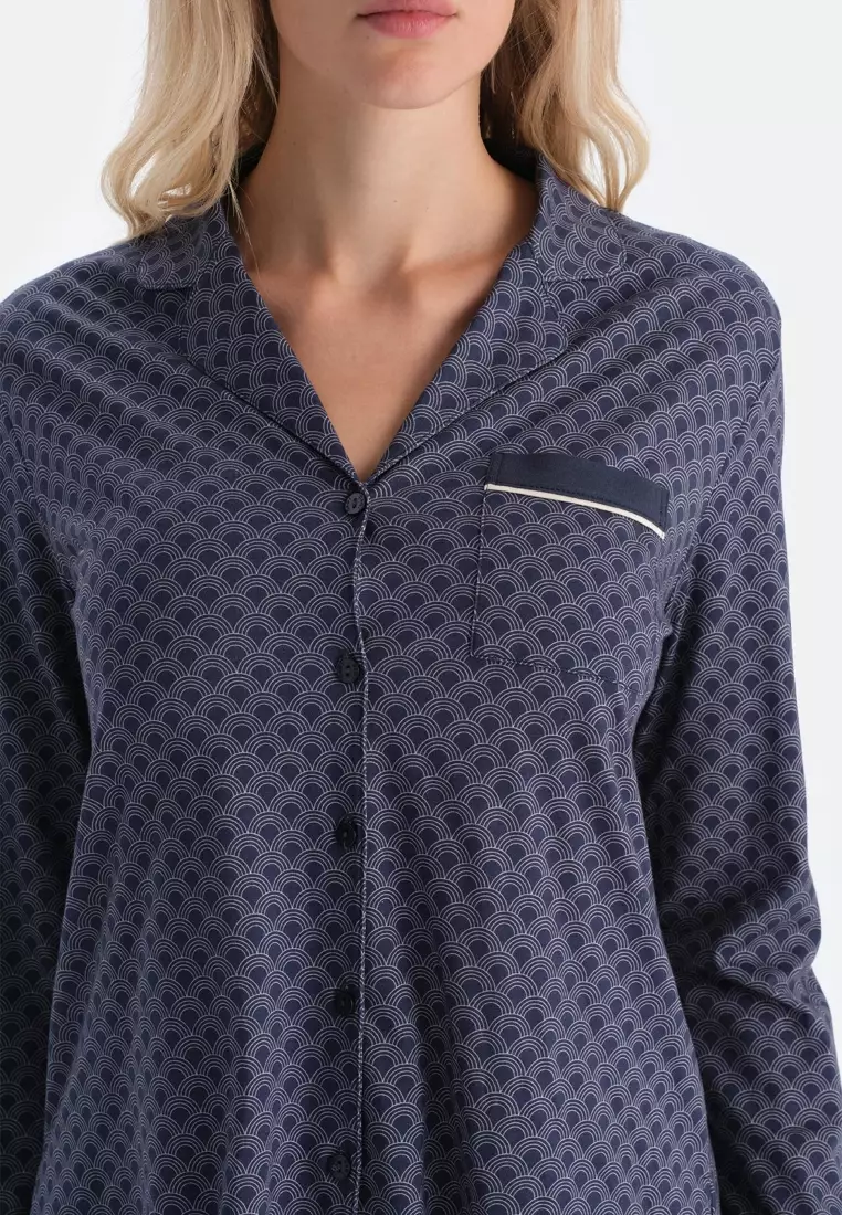 Navy Shirt & Trousers Set, Geometric Patterned, Regular Fit, Long Sleeve Sleepwear for Women