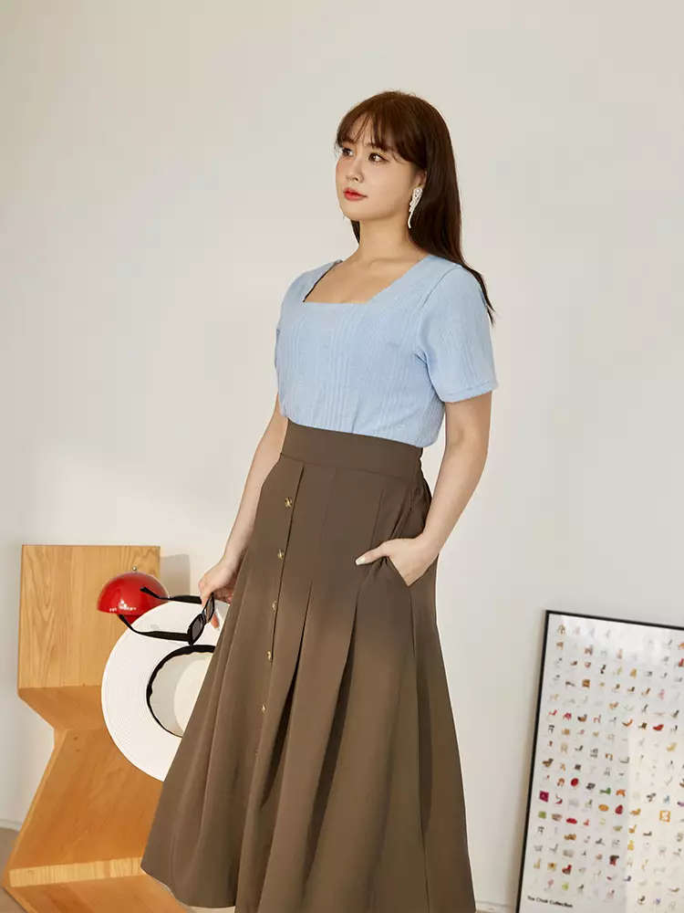 Pleated Skirt A Line Button Front Skirt OBSTYLE Button-down Pleats