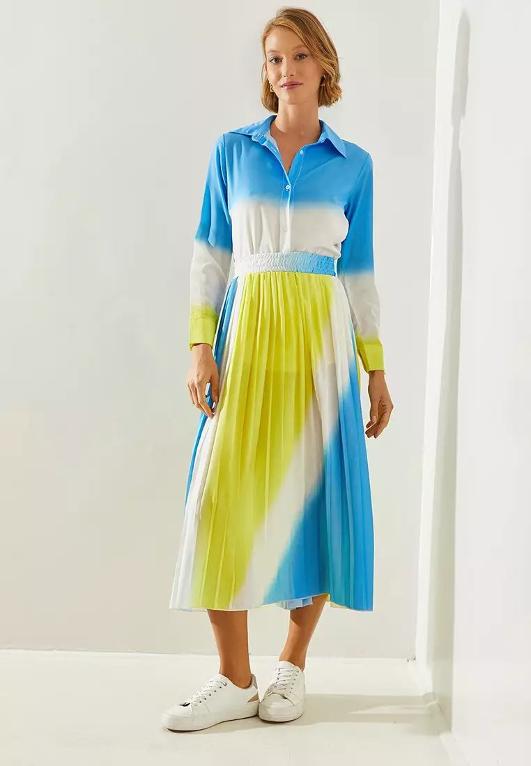 Women's Pleated Elastic Waist Skirt Shirt Top And Bottom Set 2135 60251663