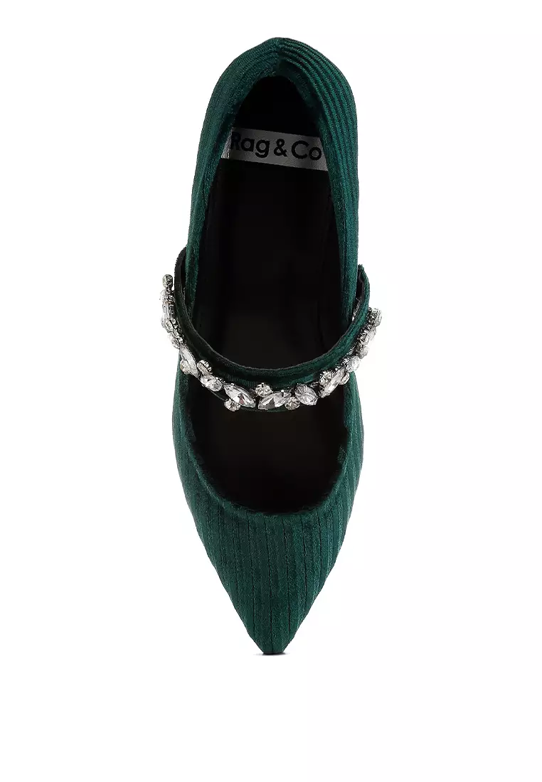 Diamante Brooch Velvet Ballerinas in Green