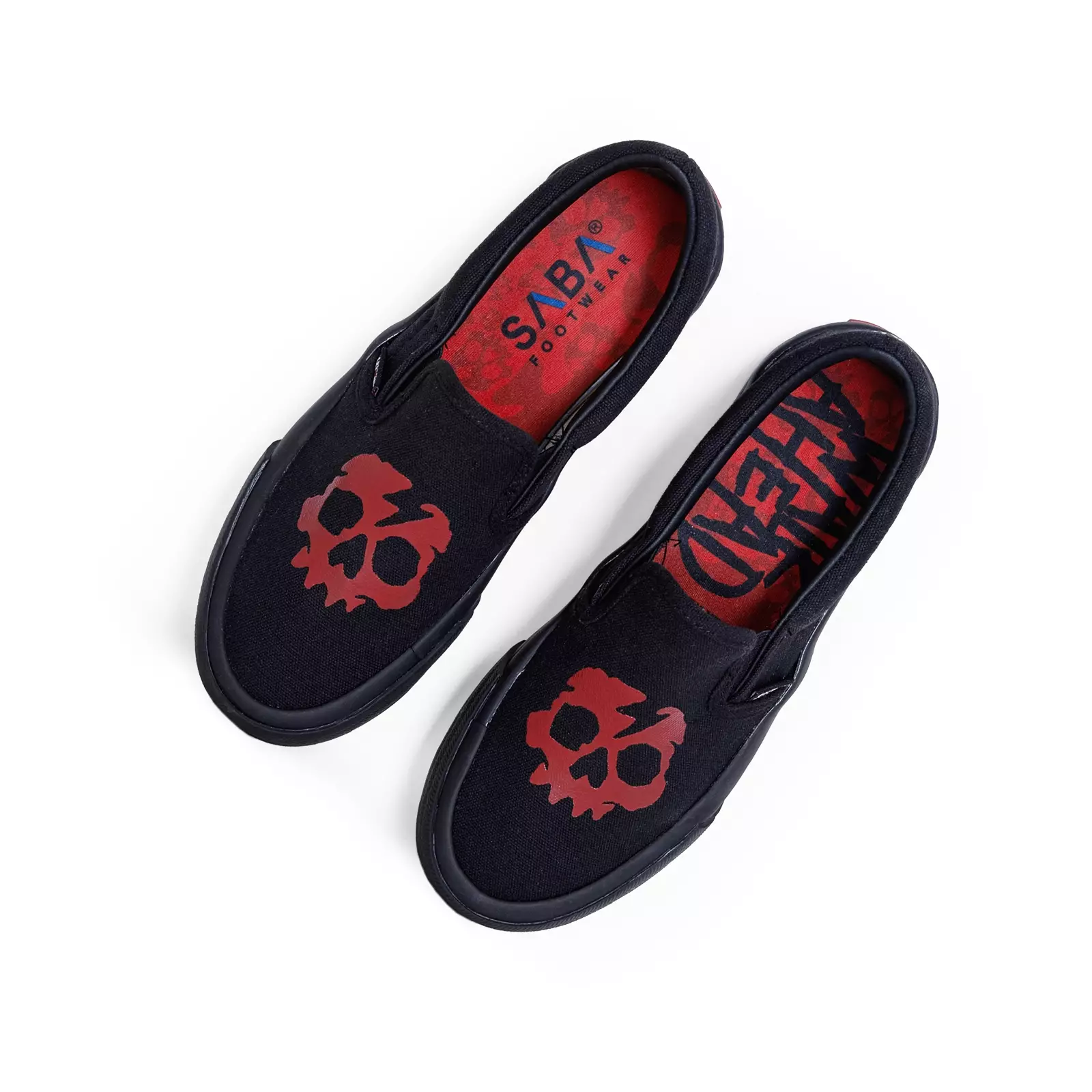 SABA Slip On Skull All Black Red - Sepatu Sneakers Casual Pria Wanita