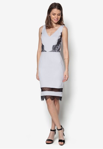 灰色蕾絲zalora 衣服評價拼接裙襬合身洋裝, 服飾, 洋裝