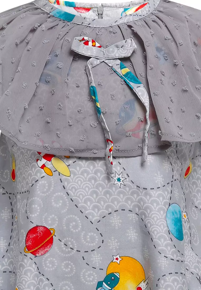 Dress Anak Perempuan Batik Aronika Kids Roundcrow Cotton Grey Pita