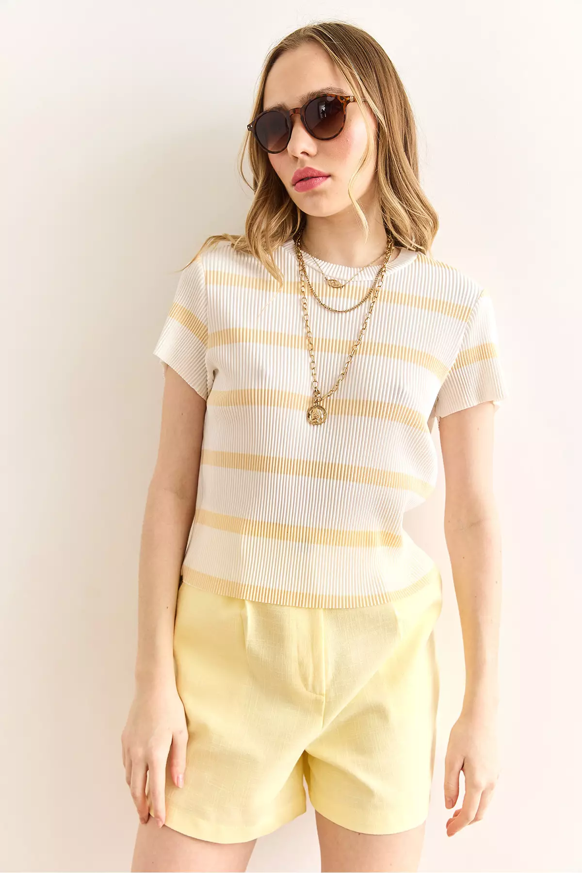 Women's Ecru Yellow Crew Neck Striped Pleated Blouse Blz-19002893