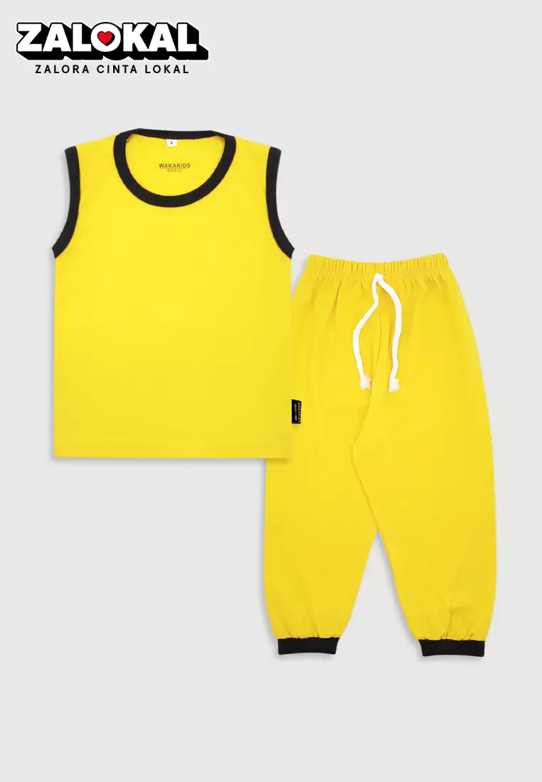 Wakakids Pakaian Bayi Anak Laki Laki Baju Singlet Basic Polos Setelan Celana Jogger Usia 1 Tahun Hingga 4 Tahun 3730 Kuning