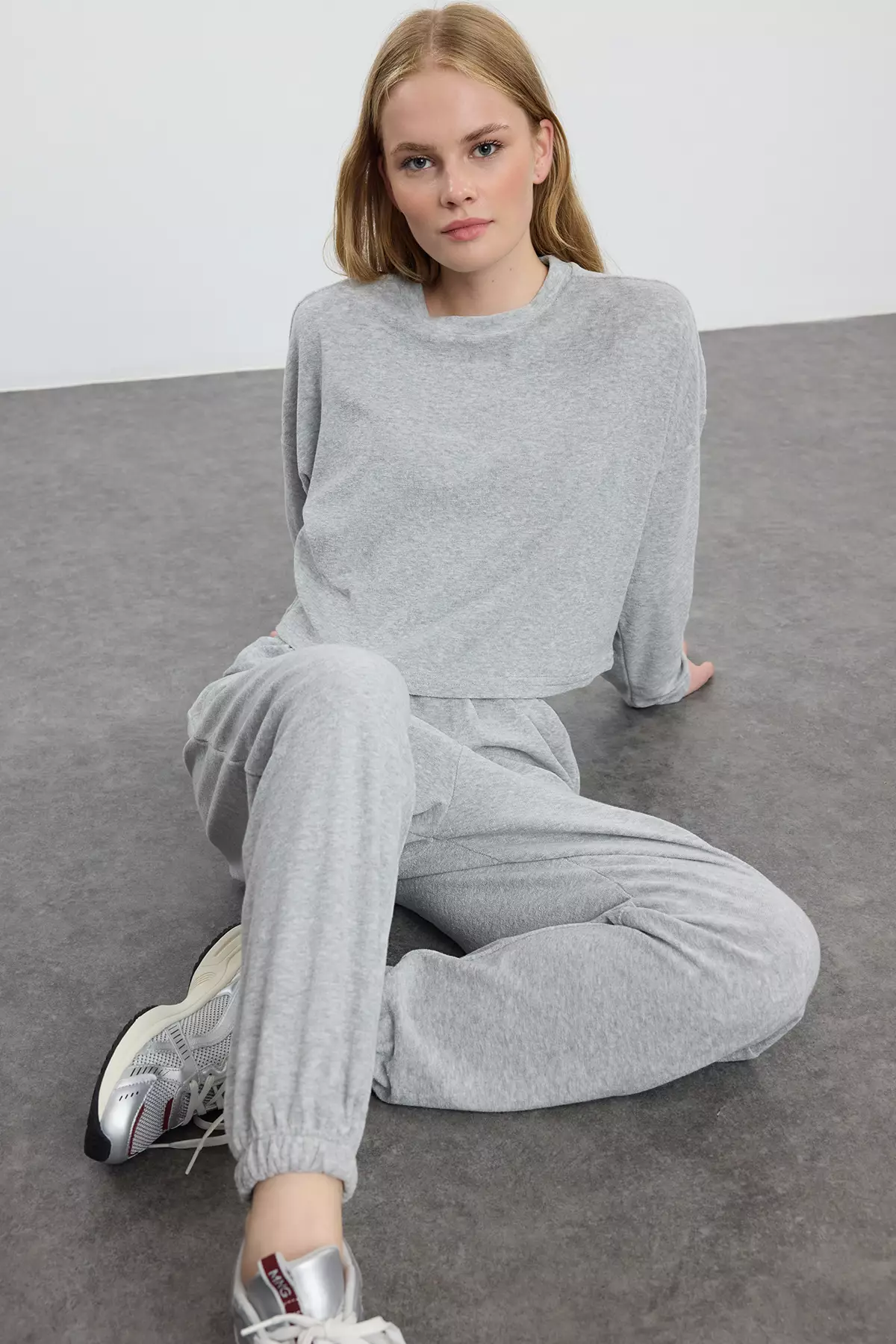 Relaxed Gray Melange Towel Knitted Tracksuit Set