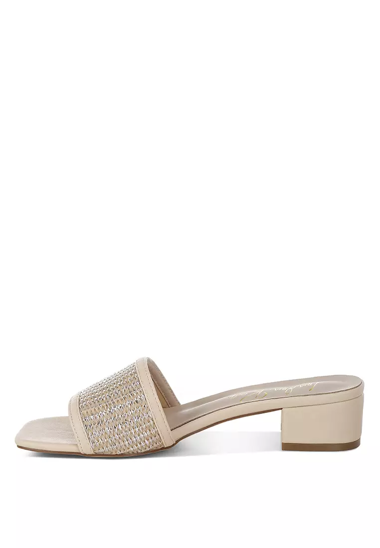 Raffia Slip On Sandals In Beige