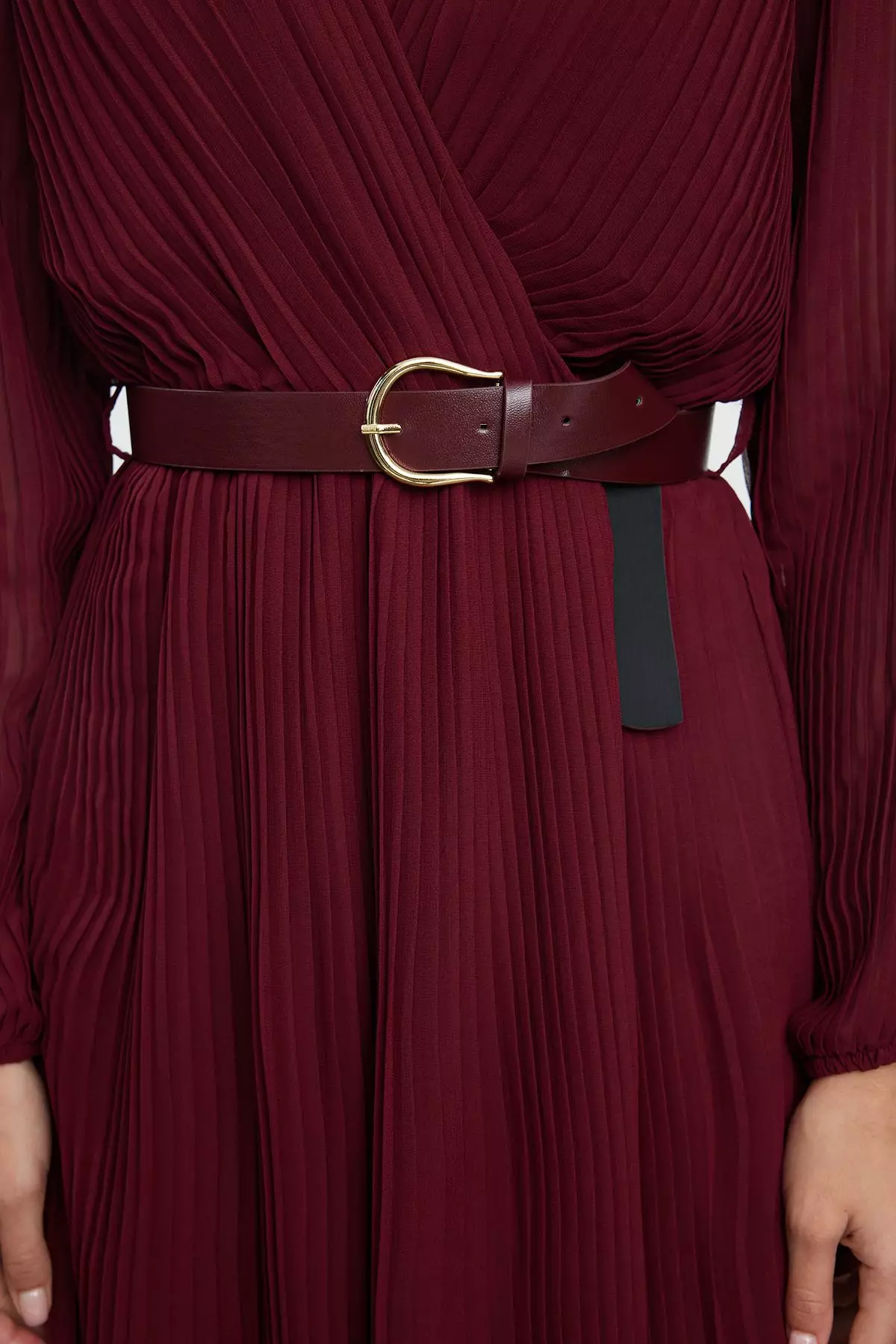 Buy Trendyol Burgundy Belted A-Line Pleated Maxi Lined