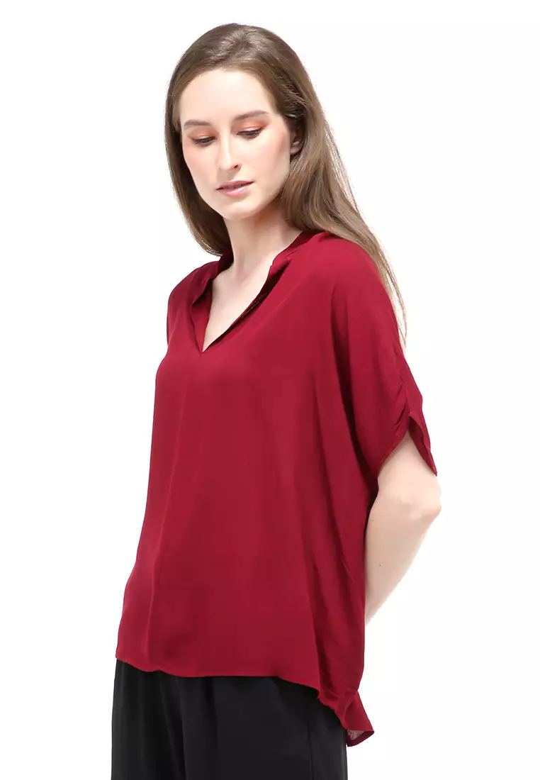 Nela Blouse Short Sleeves Wanita Motif Polos Atasan Casual - Maroon