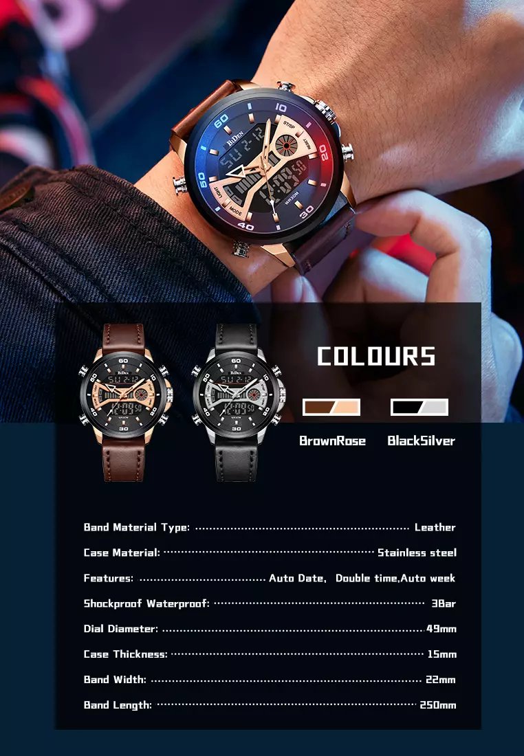 Jam Tangan Pria Olahraga Dual Movement Tampilan Tanggal Chronograph Anti Air Kuarsa Tali Kulit