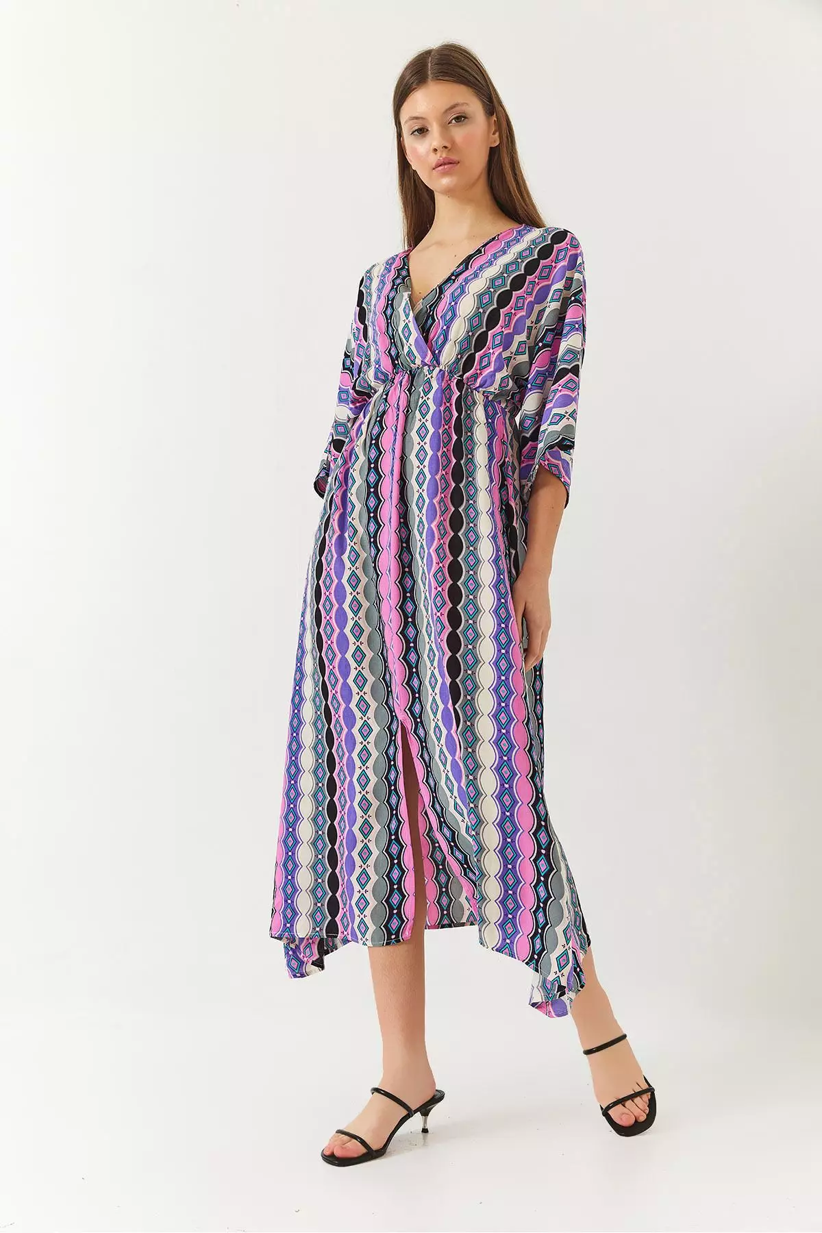 Women's Double Breasted V Neck Front Slit Detail Print Dress 60261411