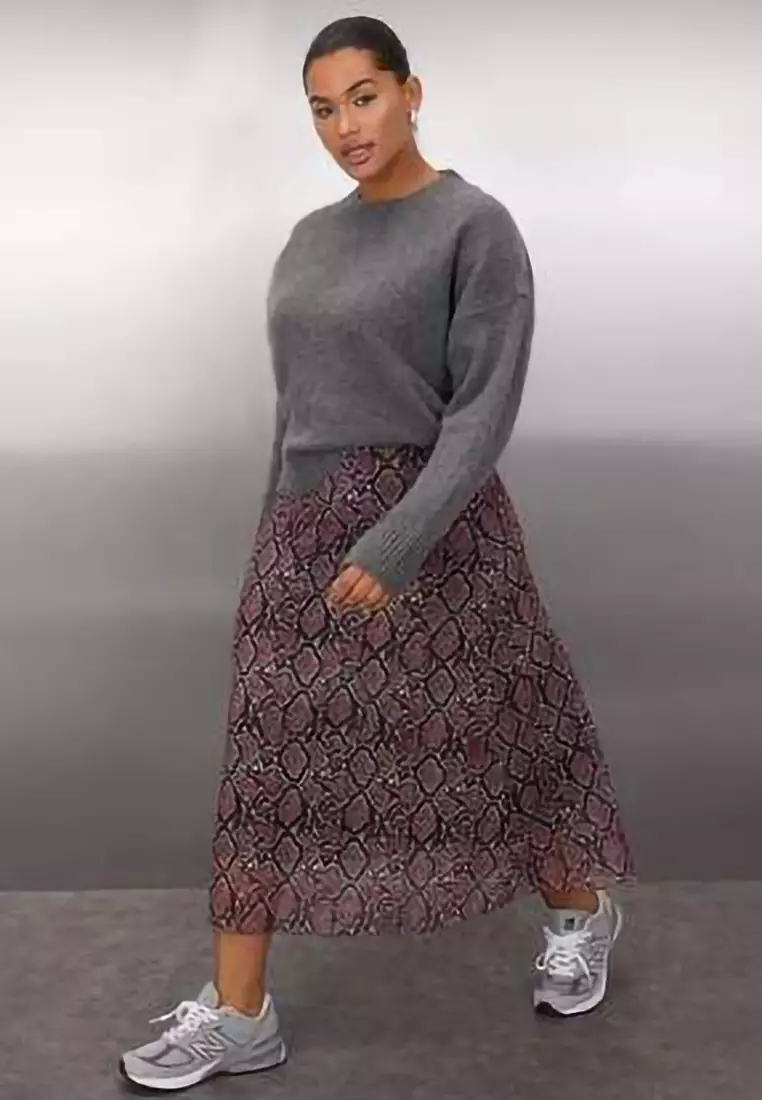 Brown A- Line Snake Print Tulle Knitted Plus Size Skirt Tbbaw25Az00006