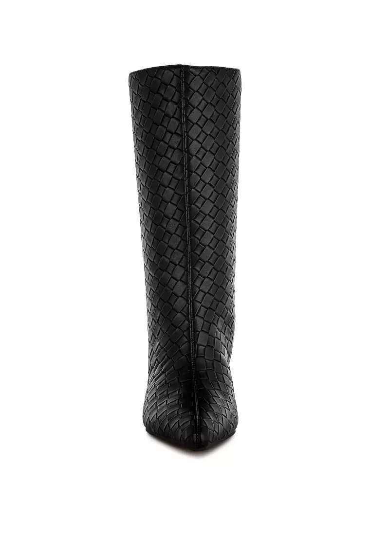 Woven Faux Leather Boots in Black