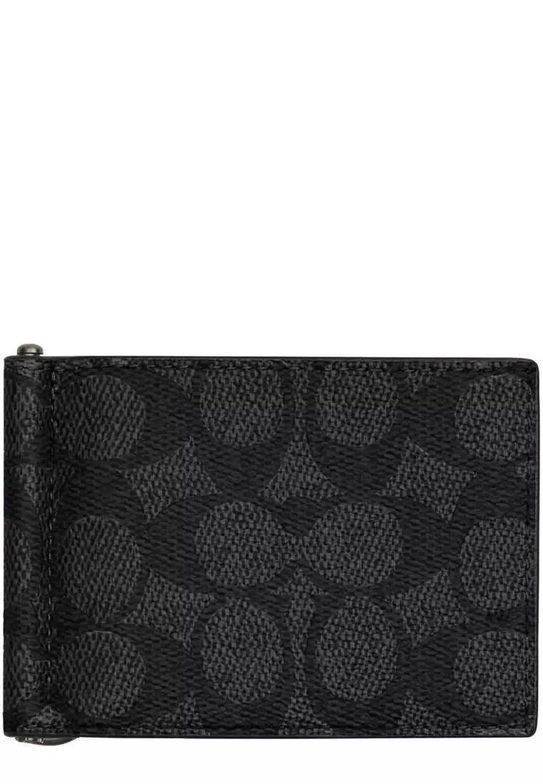 Slim Money Clip Billfold Wallet In Signature Canvas in Charcoal/ Black CY059