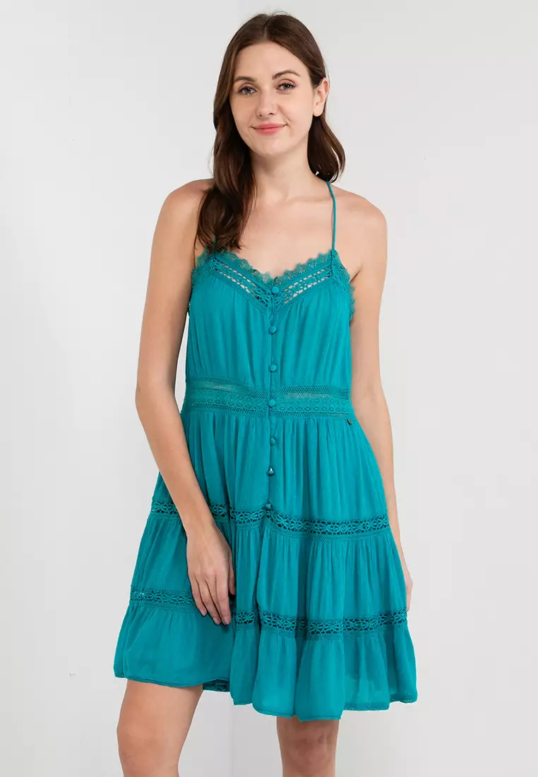 BLUE WOVEN SATIN TIERED CAMI DRESS WITH LINING