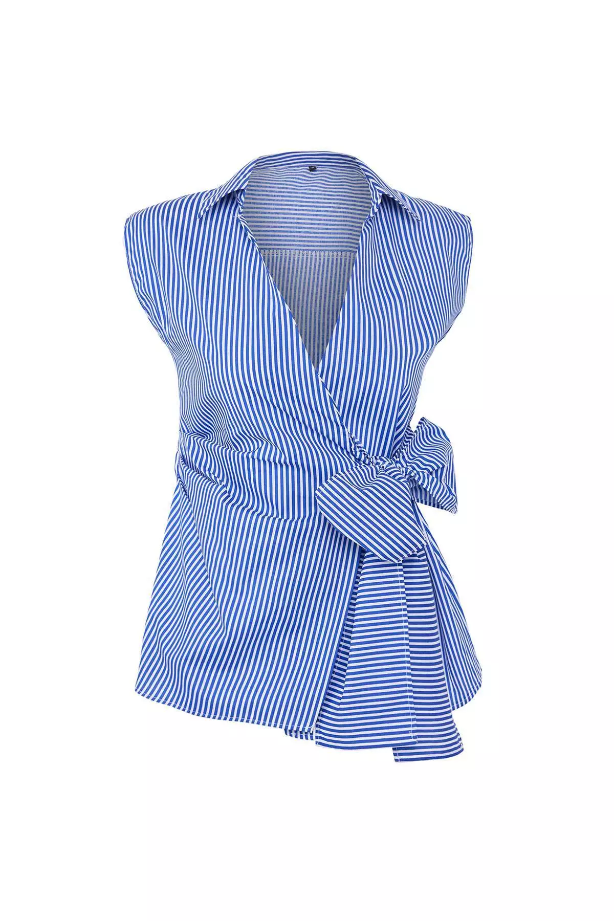 Blue Striped Double Breasted Tie Detailed Woven Blouse