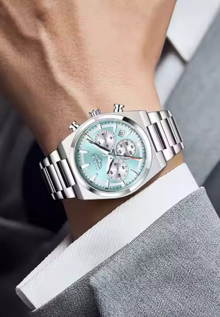 Chronograph Unisex Silver Color Alloy Quartz Watch 41mm, Stainless Steel Bracelet