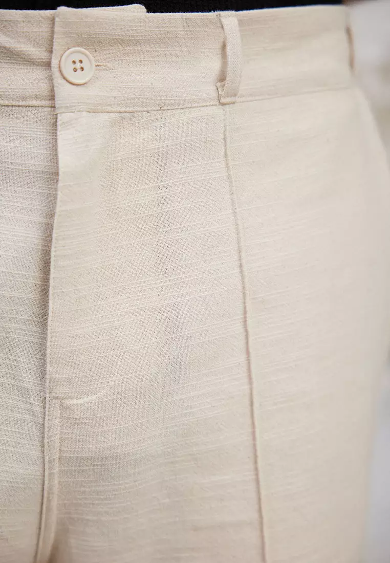 Ecru Wide Leg Linen Look Cotton Summer Trousers TMNSS25PL00030