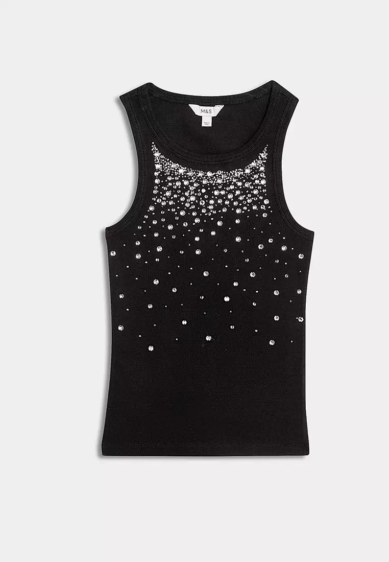 Cotton Rich Embellished Crew Neck Vest Top