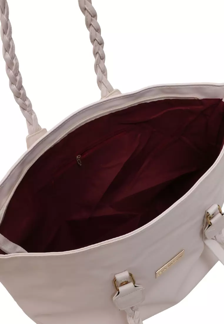 Laura Tote Bag Wanita Tali Desain Kepang Tas Bahu Large Compartment Material Leather ORIGINAL - White