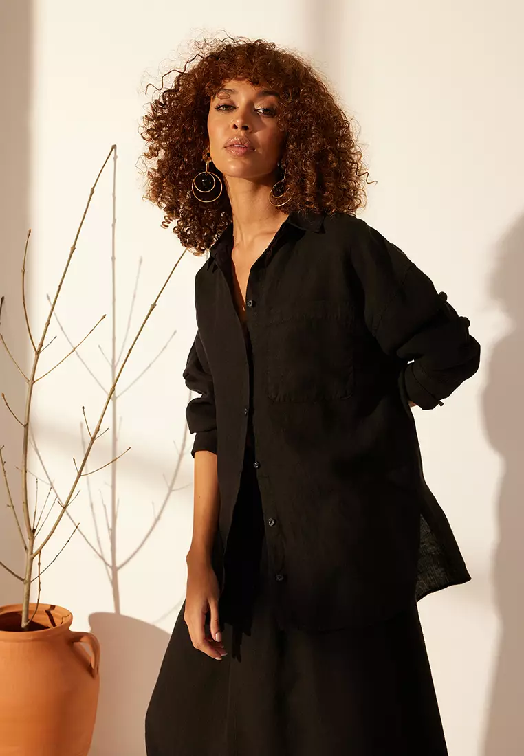 Black 1% Linen Pocket Detailed Oversized Shirt Twoss26Go39
