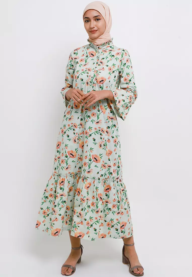 Green Almond - Floral - Crew neck - Unlined - Modest Dress