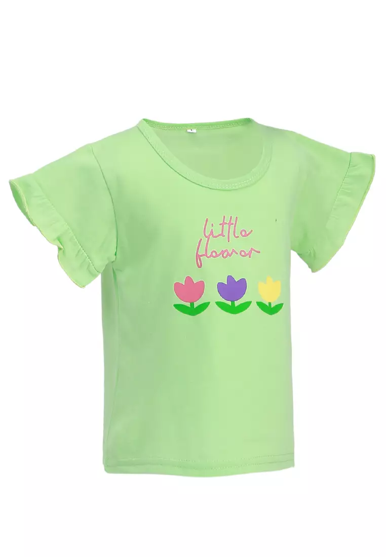 Chevelle Kaos Anak Perempuan Lengan Terompet Ruffle Tee Motif Bunga Material Cotton ORIGINAL - Green