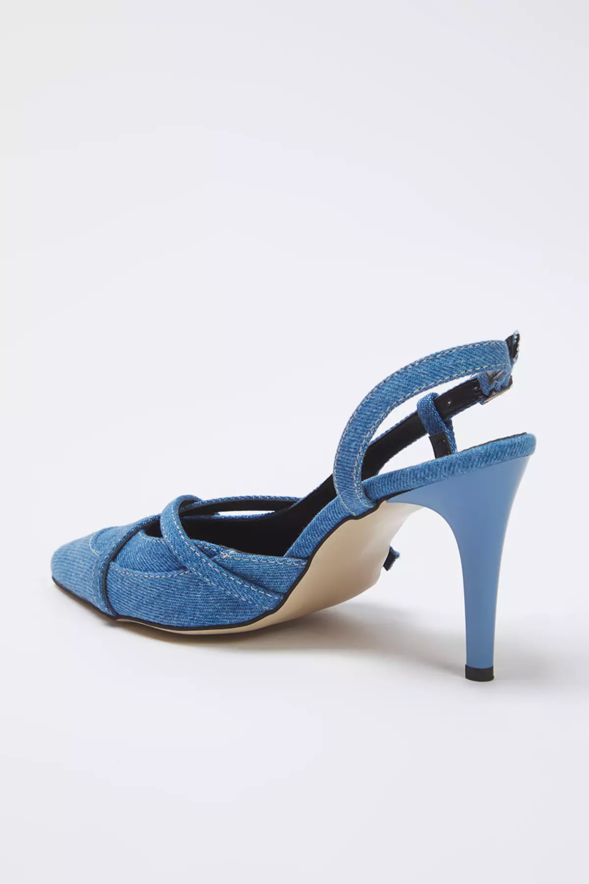 Blue Denim Contrast Stitching Pointed Toe Women Thin Heels Shoes Takss25To00105