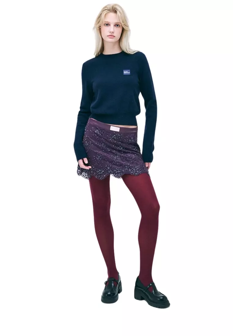 Cashmere Blended Round Neck Square Logo - Navy