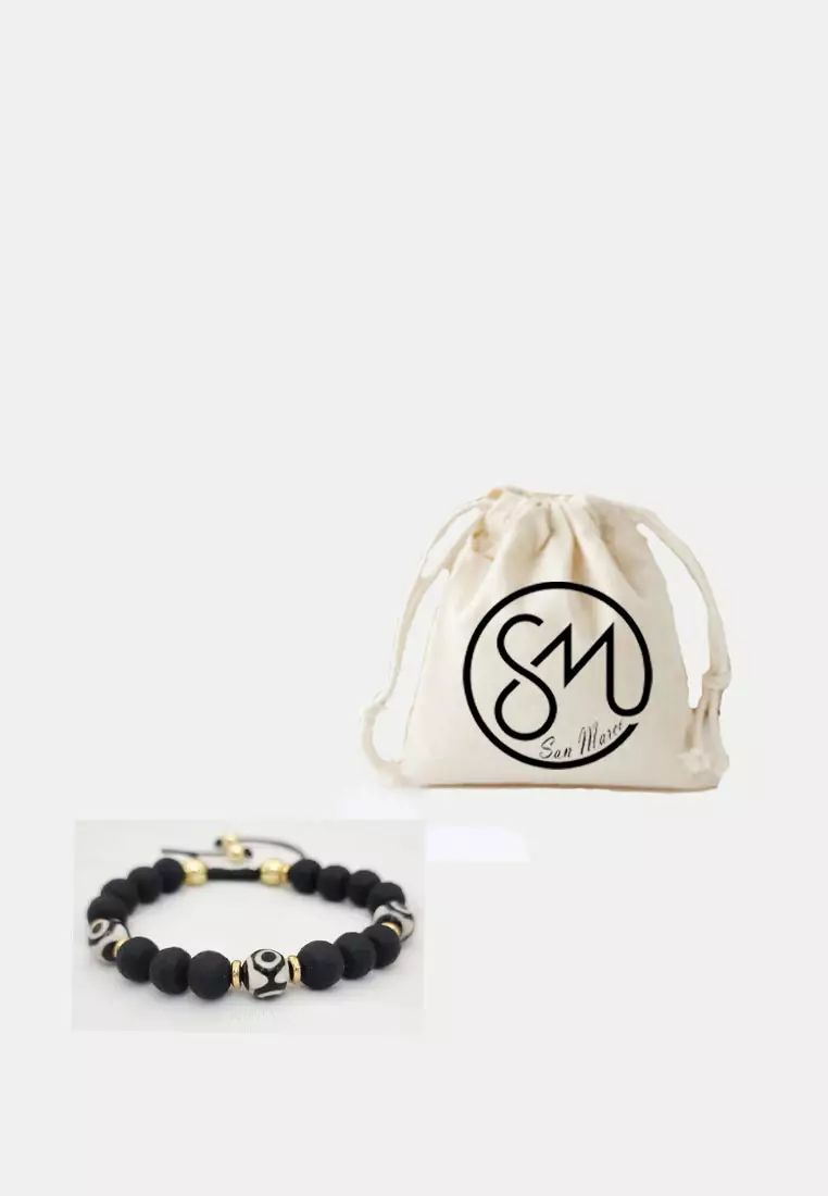 Aksesoris Wanita Obsidian Beads Tribal Agate Macrame Bracelet Gelang Wanita Black & Gold