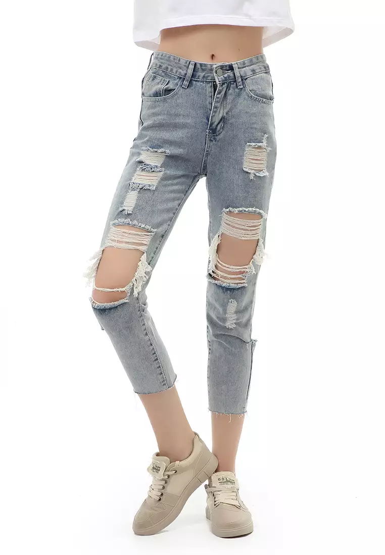 Jourel Celana Panjang Wanita HW Robek Cropped Material Jeans ORIGINAL