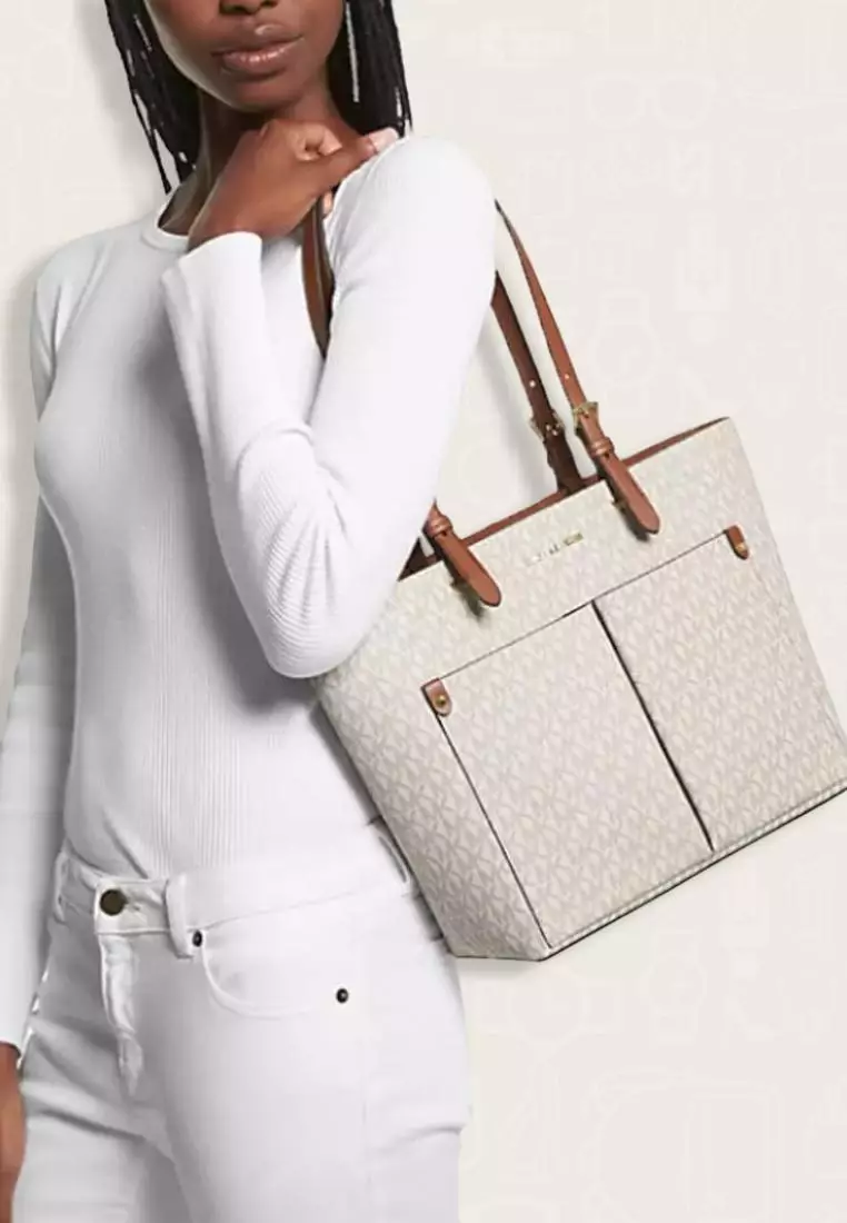 Michael Kors Jet Set Medium Logo Pocket Tote Bag Vanilla