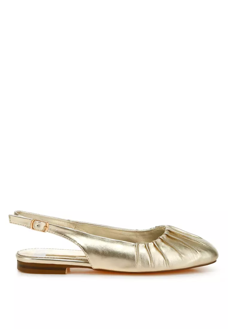 Metallic Square Toe Flat Slingbacks in Gold