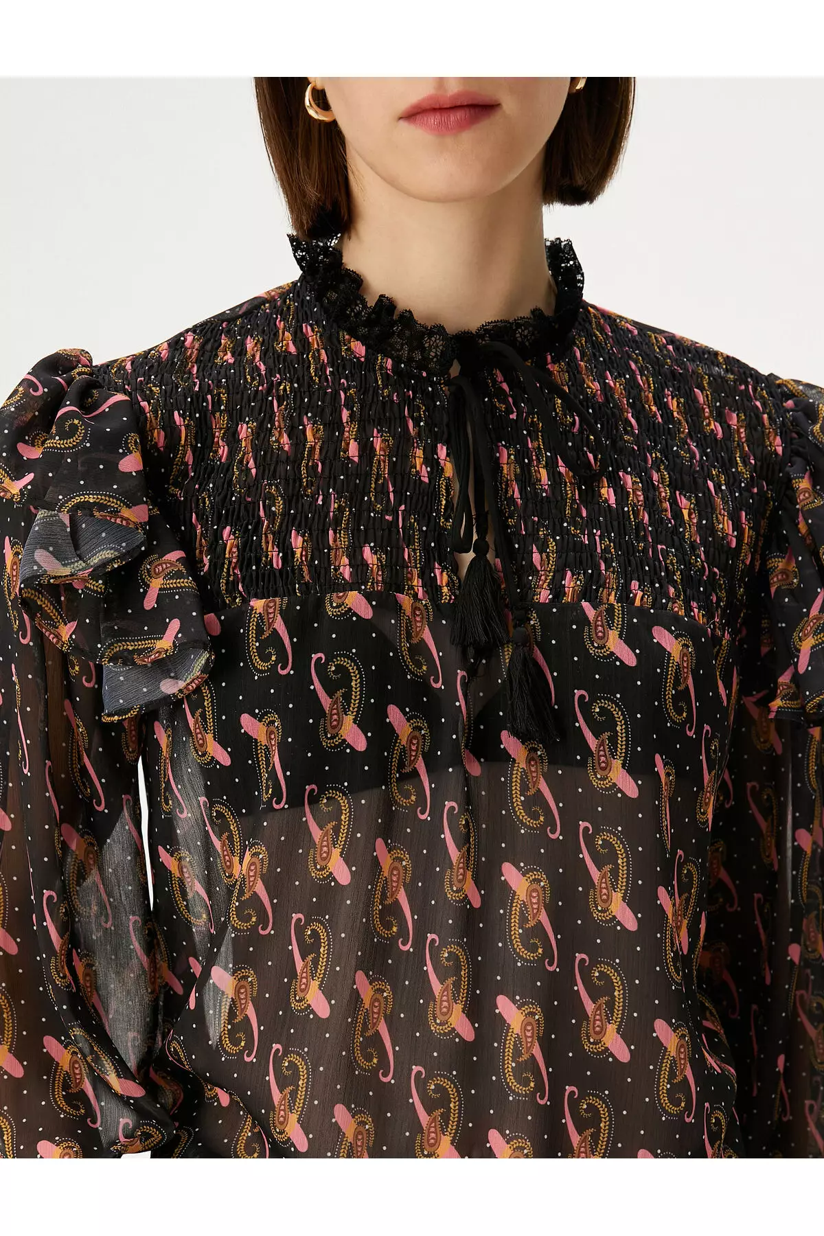 Balloon Sleeves Ruffles Gippeli Tassels Chiffon Blouse
