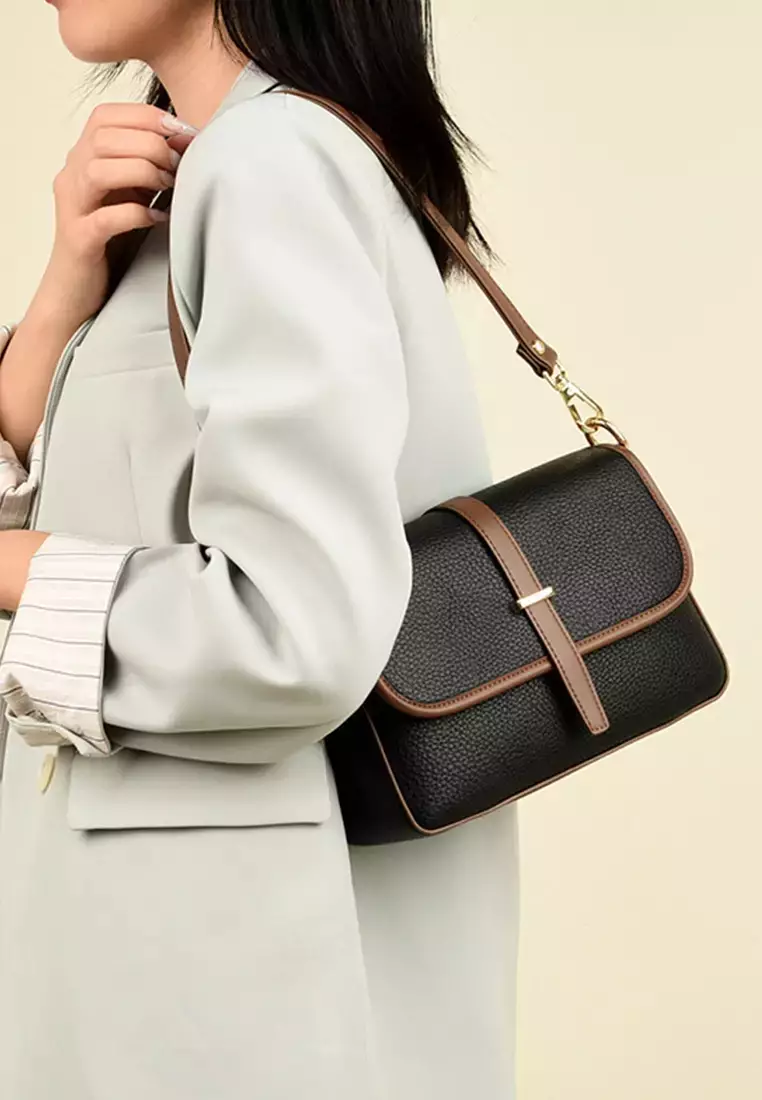 Color Matching Faux Leather Three Way Shoulder Bag